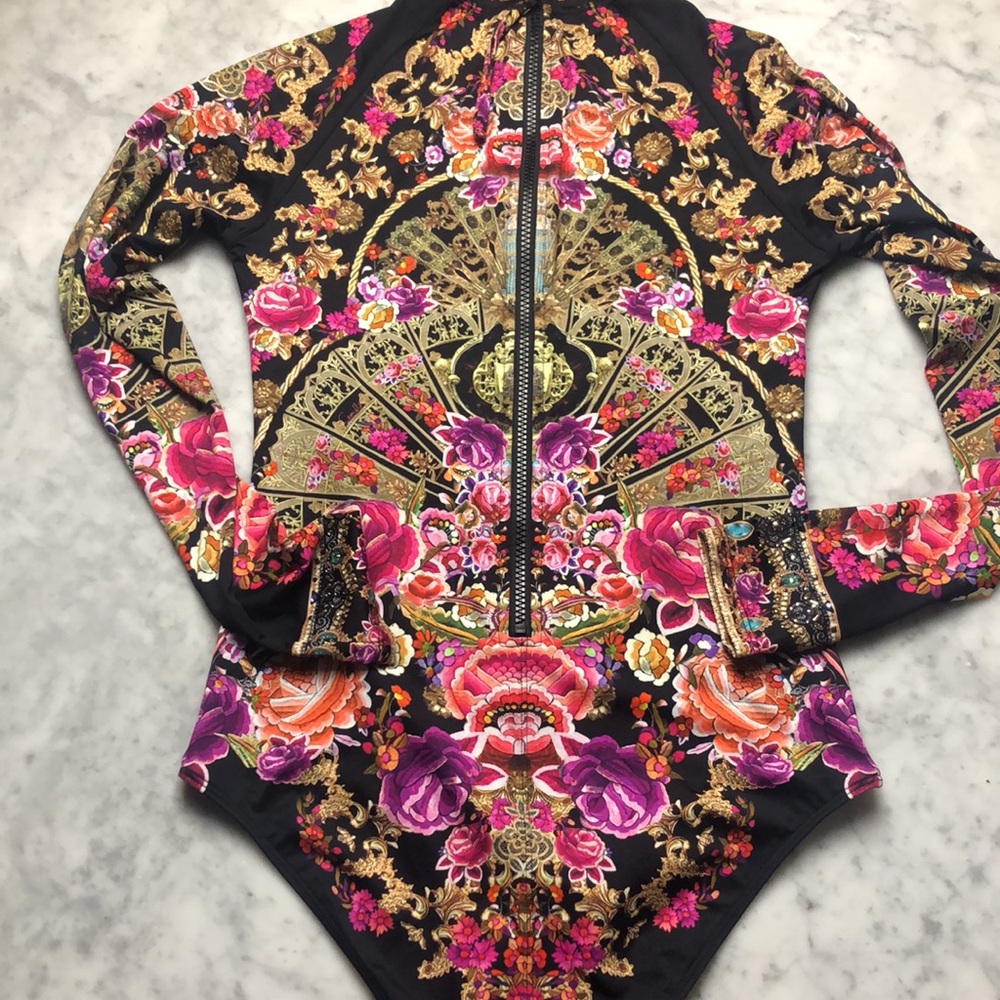 Camilla Long Sleeve Floral Print One-Piece Swimsuit in Black and Pink Size M - Picture 12 of 16